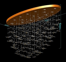 Đèn chùm pha lê thả thông minh PL064 gồm mâm Elip inox gương vàng 8k, 115 bướm và 15 đèn dimmer 3 màu điều khiển xa D40, KT(mm): L1800xW600xH1000